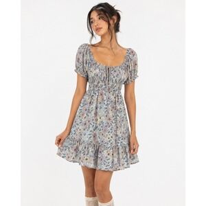 Big Water Blue Sky Floral Mini Dress Blue Cottagecore Smocked Ruffle Size M
